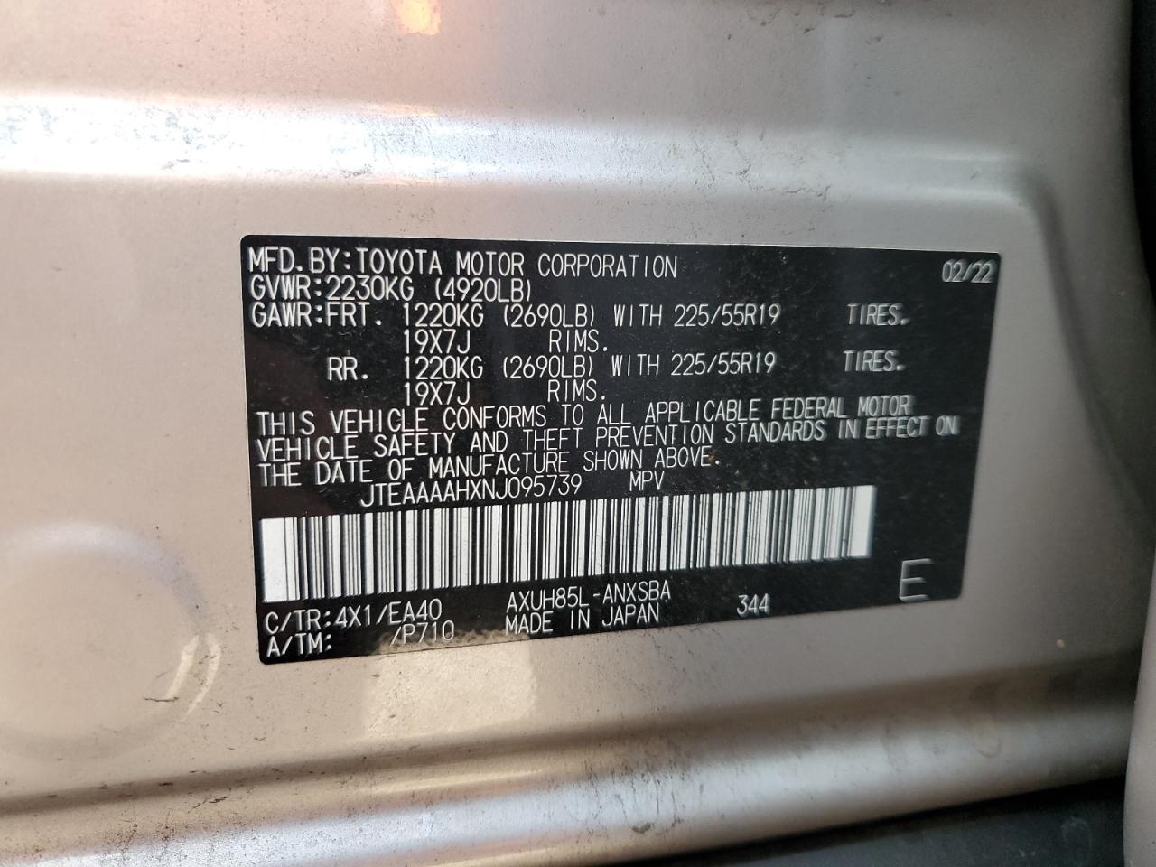 2022 TOYOTA VENZA LE VIN:JTEAAAAHXNJ095739