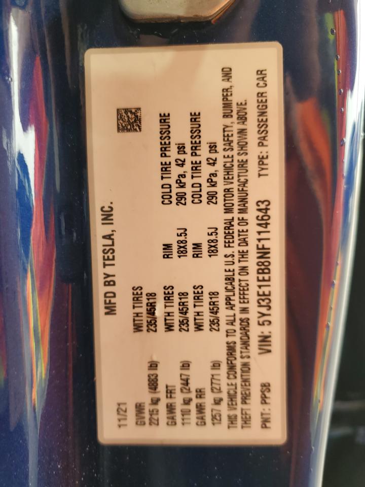 2022 TESLA MODEL 3 VIN:5YJ3E1EB8NF114643