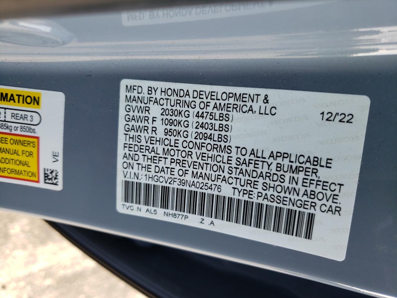 2022 HONDA ACCORD SPORT VIN:1HGCV2F39NA025476