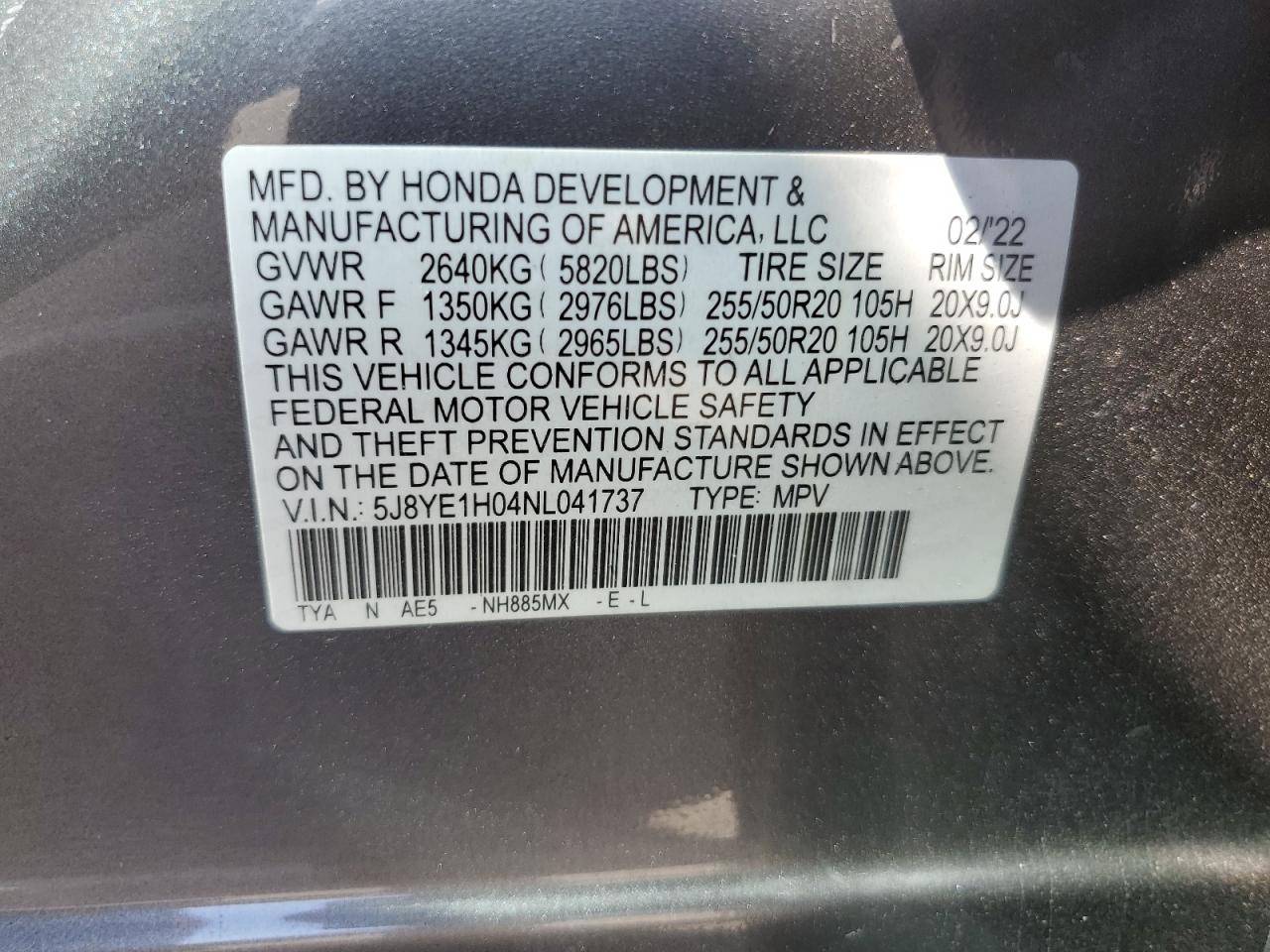 2022 ACURA MDX A-SPEC VIN:5J8YE1H04NL041737