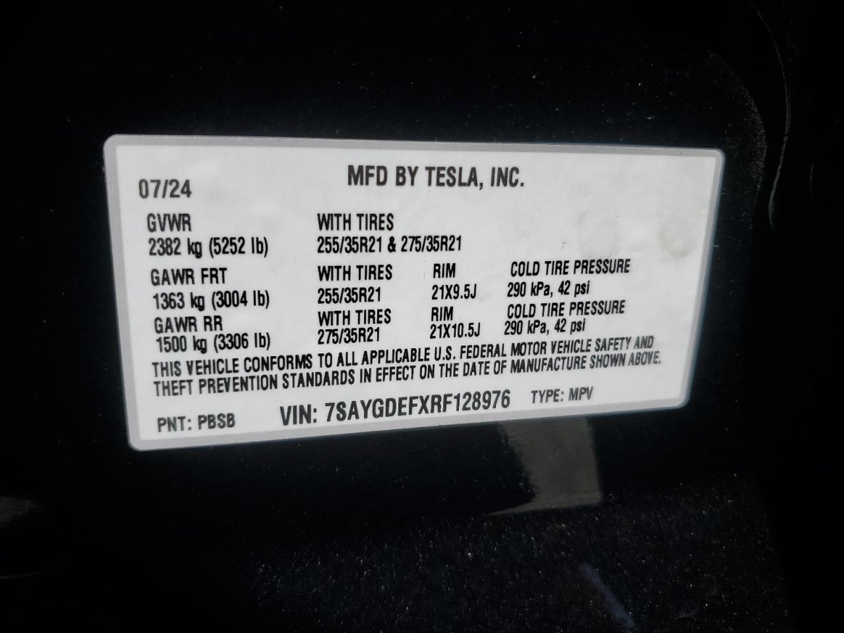 2024 TESLA MODEL Y VIN:7SAYGDEFXRF128976