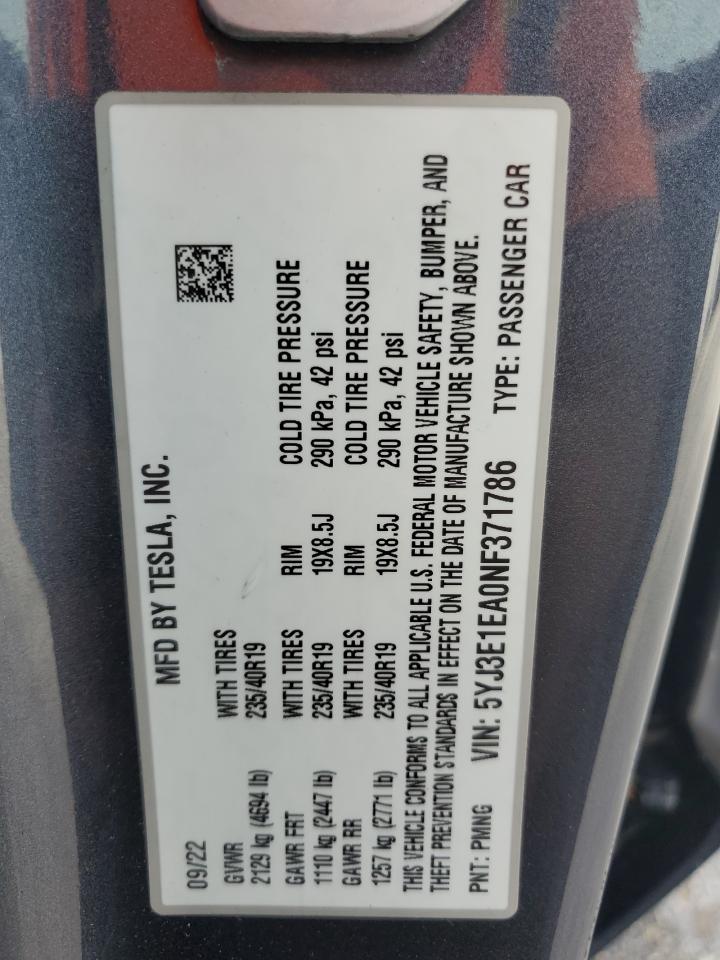 2022 TESLA MODEL 3 VIN:5YJ3E1EA0NF371786