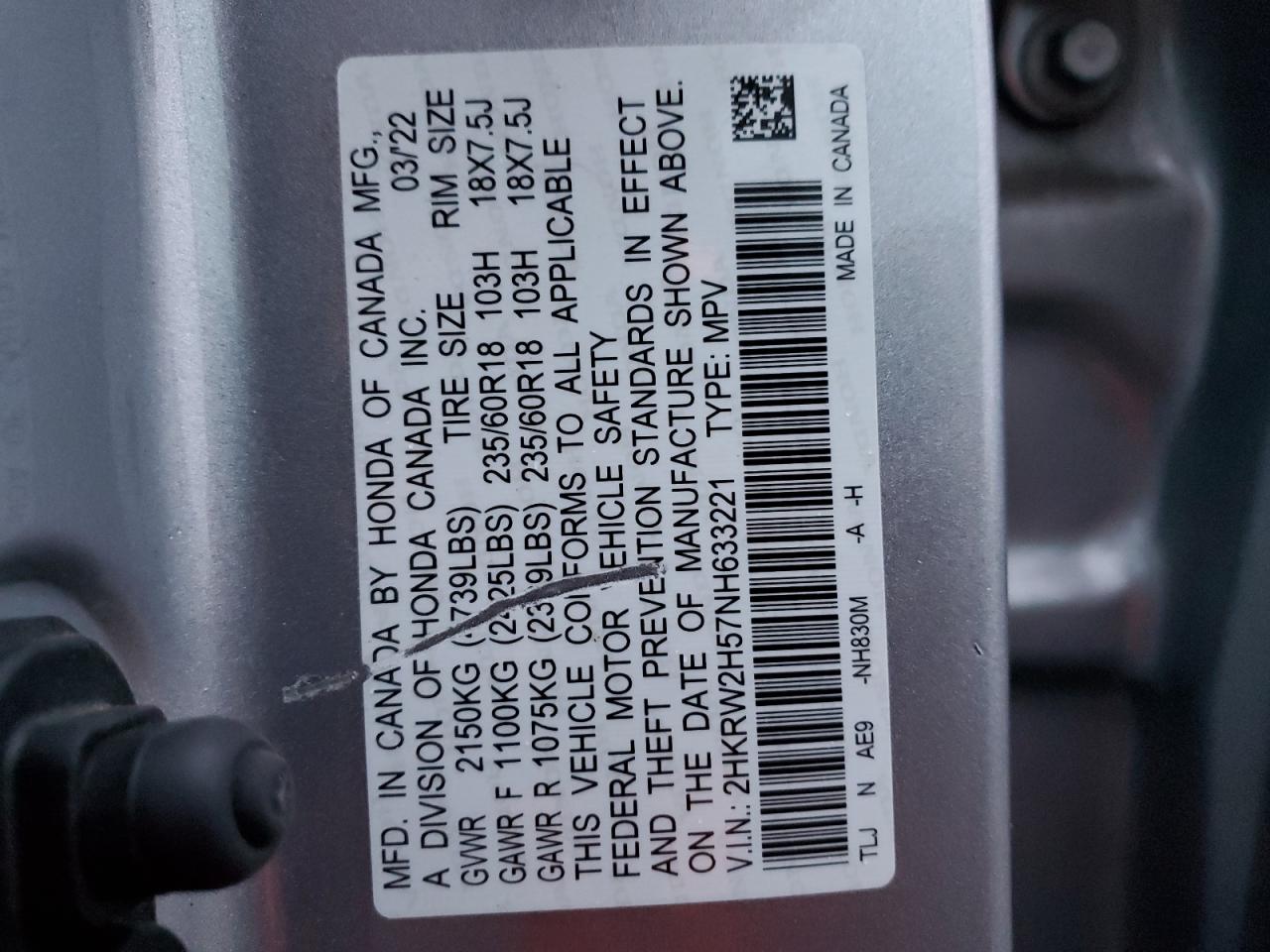 2022 HONDA CR-V EX VIN:2HKRW2H57NH633221