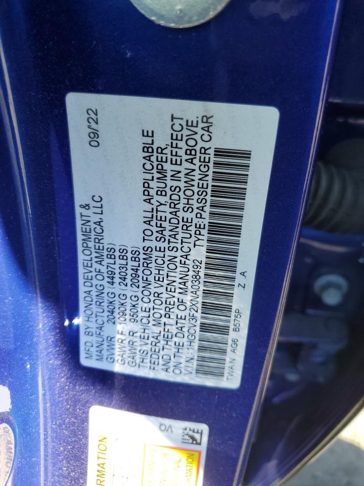 2022 HONDA ACCORD HYBRID SPORT VIN:1HGCV3F2XNA038492