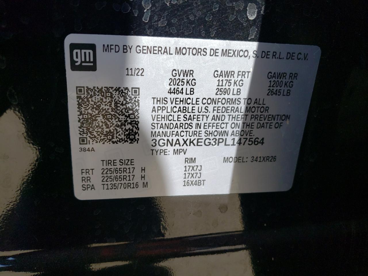 2023 CHEVROLET EQUINOX LT VIN:3GNAXKEG3PL147564