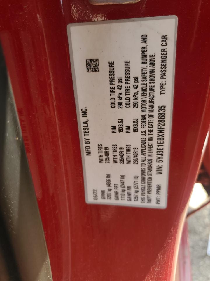 2022 TESLA MODEL 3 VIN:5YJ3E1EBXNF286835