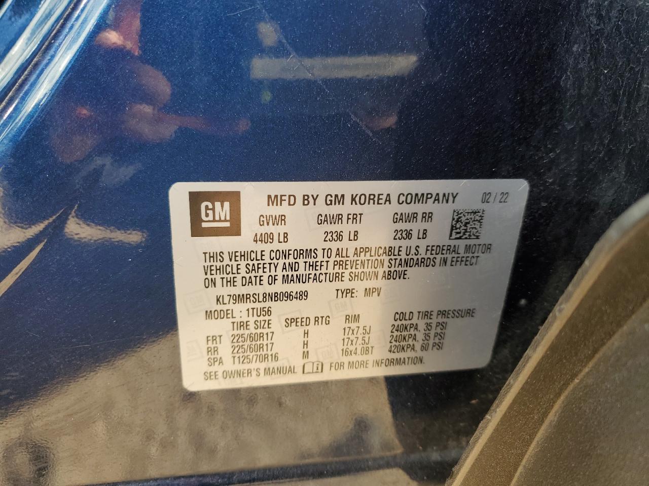 2022 CHEVROLET TRAILBLAZER LT VIN:KL79MRSL8NB096489