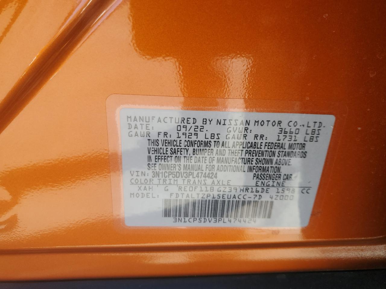 2023 NISSAN KICKS SR VIN:3N1CP5DV3PL474424