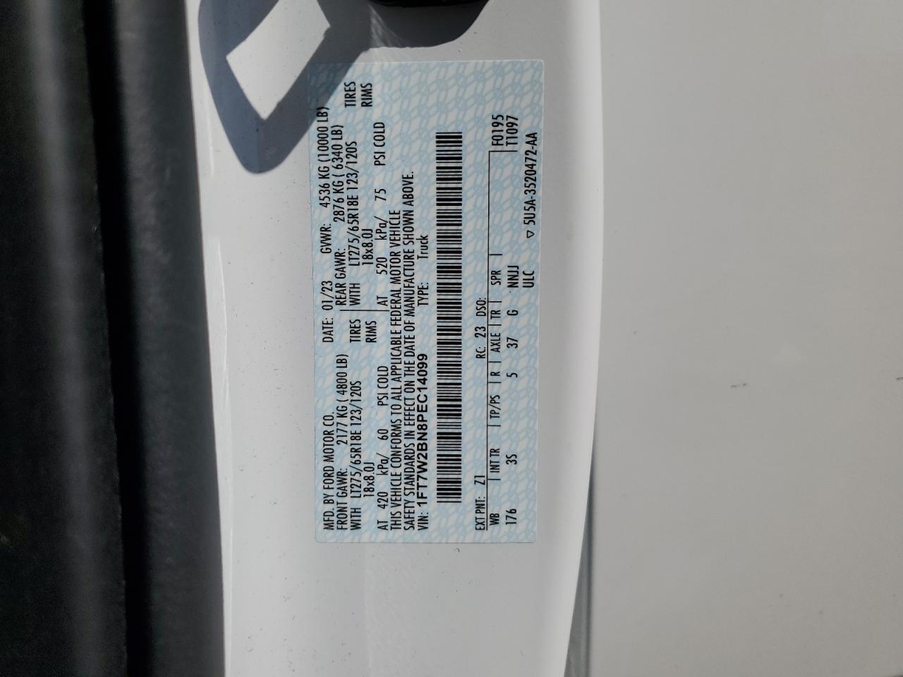 2023 FORD F250 SUPER DUTY VIN:1FT7W2BN8PEC14099