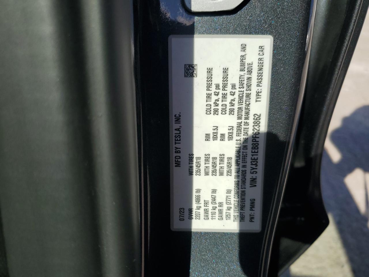 2023 TESLA MODEL 3 VIN:5YJ3E1EB8PF623862