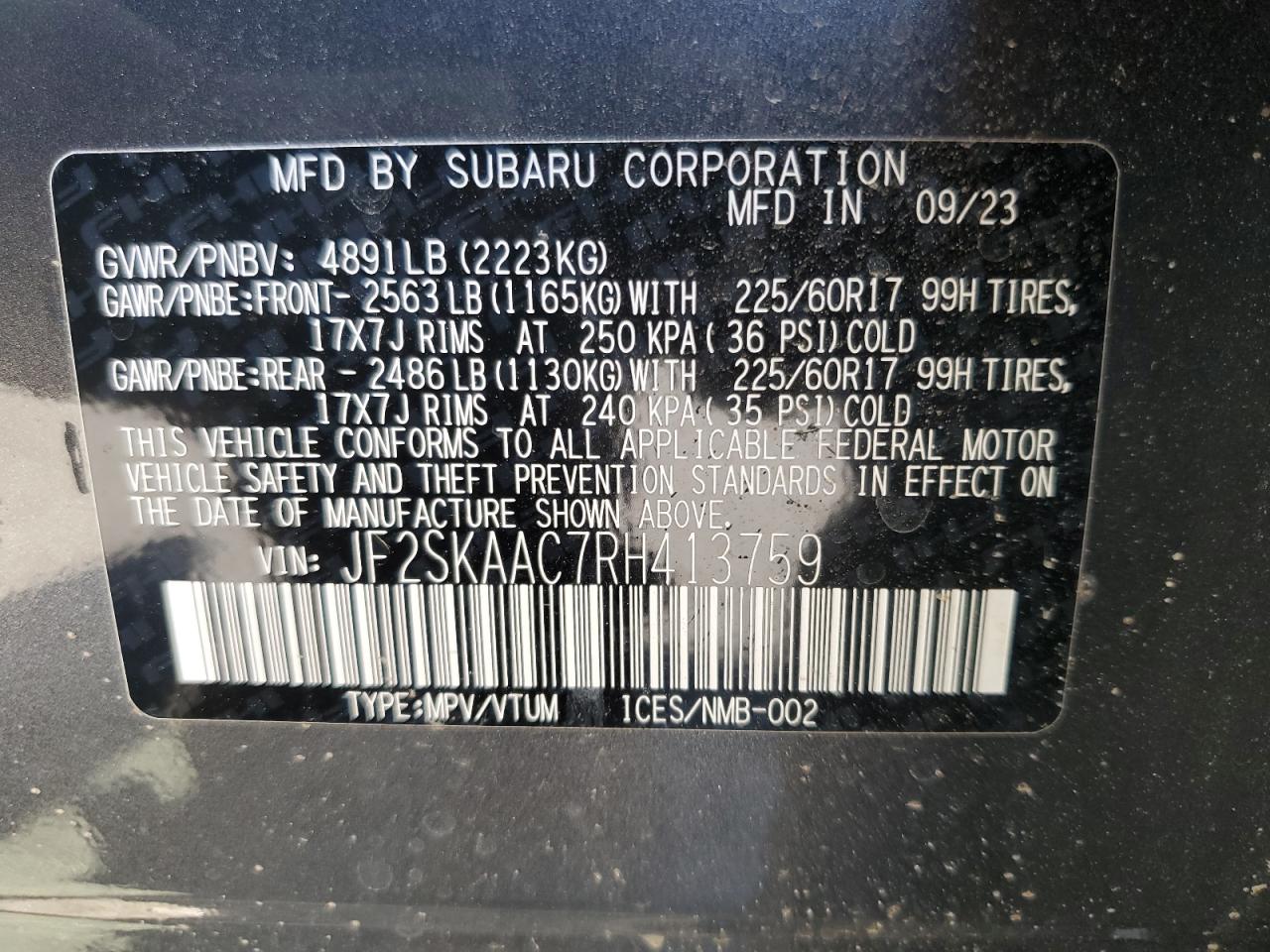 2024 SUBARU FORESTER VIN:JF2SKAAC7RH413759