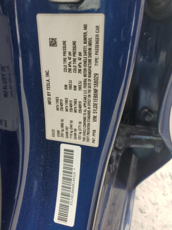 2022 TESLA MODEL 3 VIN:5YJ3E1EB8NF188029