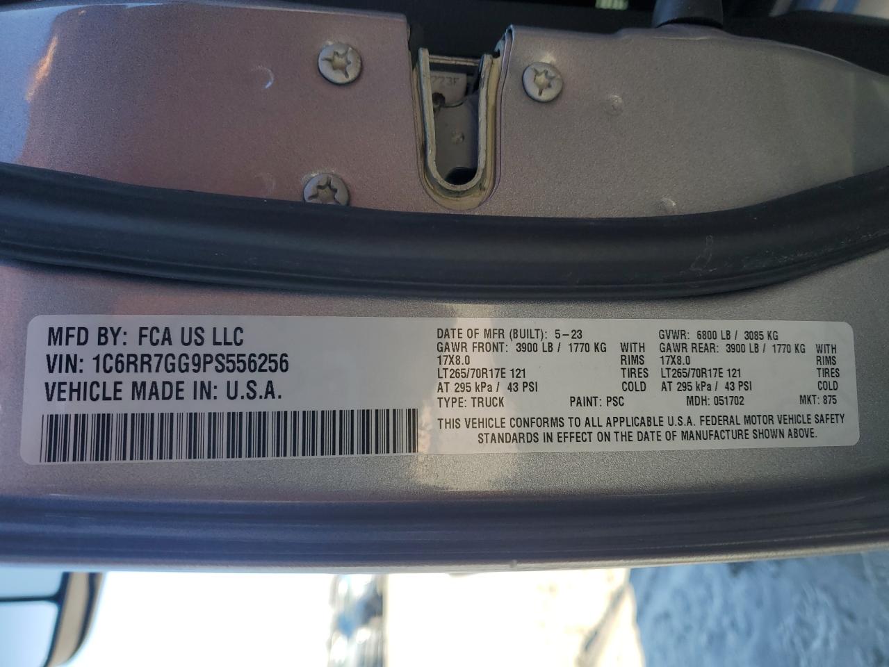 2023 RAM 1500 CLASSIC SLT VIN:1C6RR7GG9PS556256