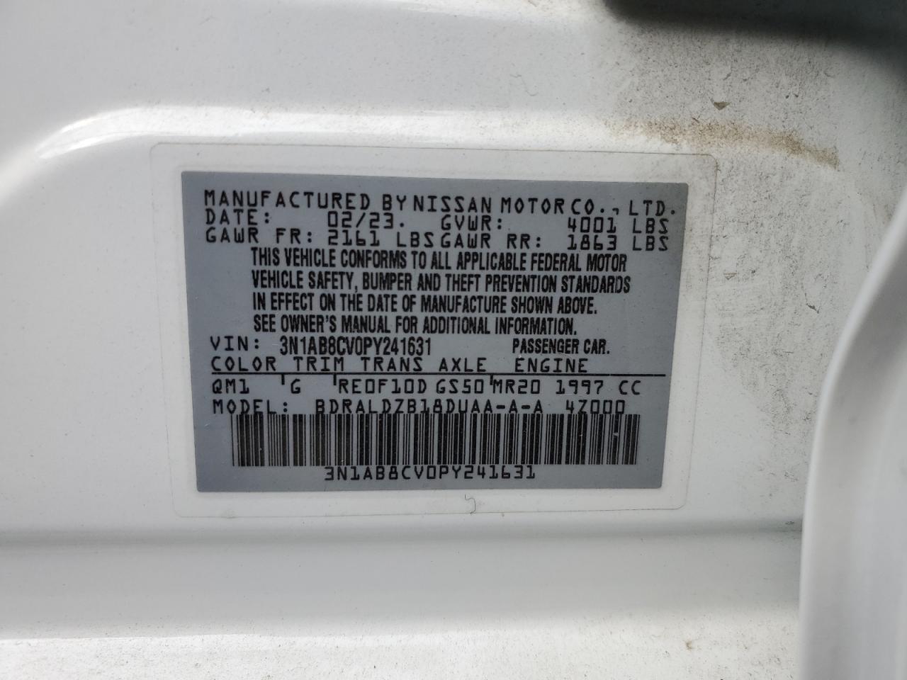 2023 NISSAN SENTRA SV VIN:3N1AB8CV0PY241631