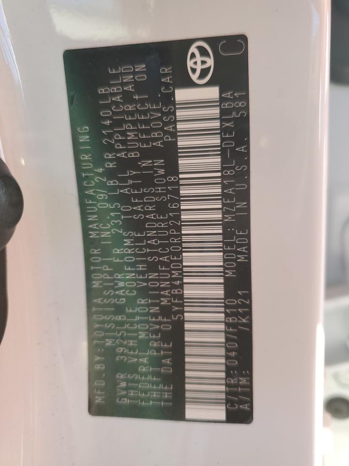 2024 TOYOTA COROLLA LE VIN:5YFB4MDE0RP216718