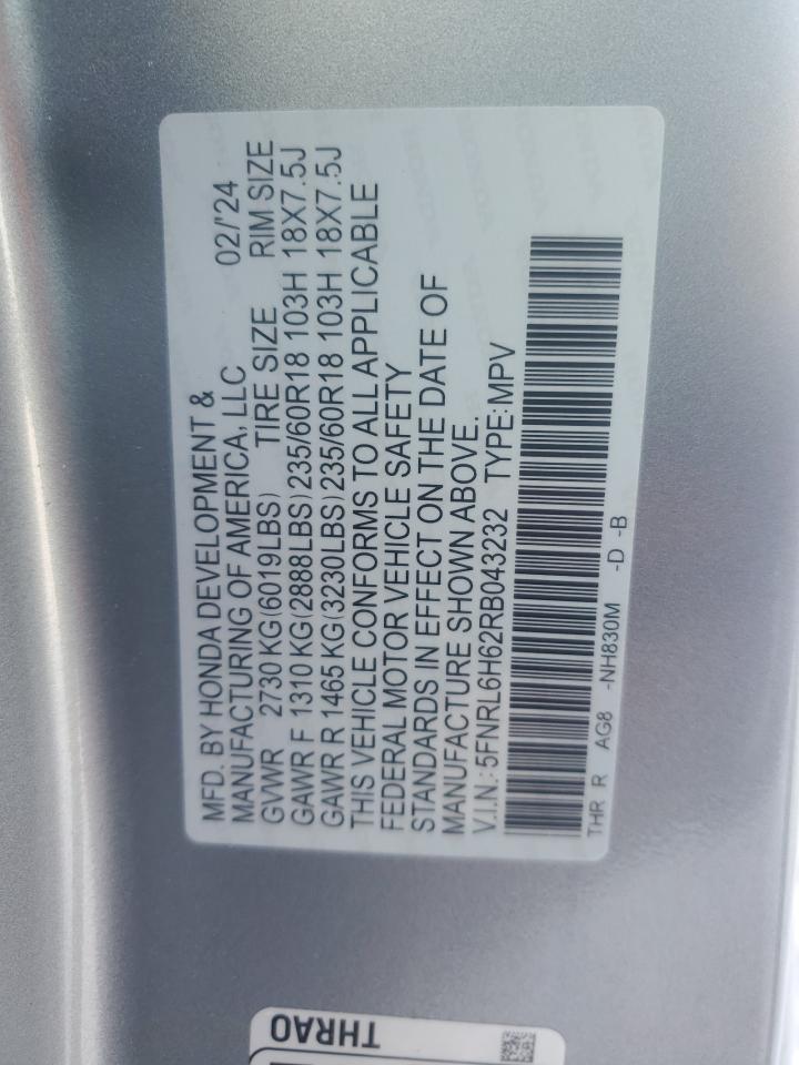 2024 HONDA ODYSSEY EXL VIN:5FNRL6H62RB043232