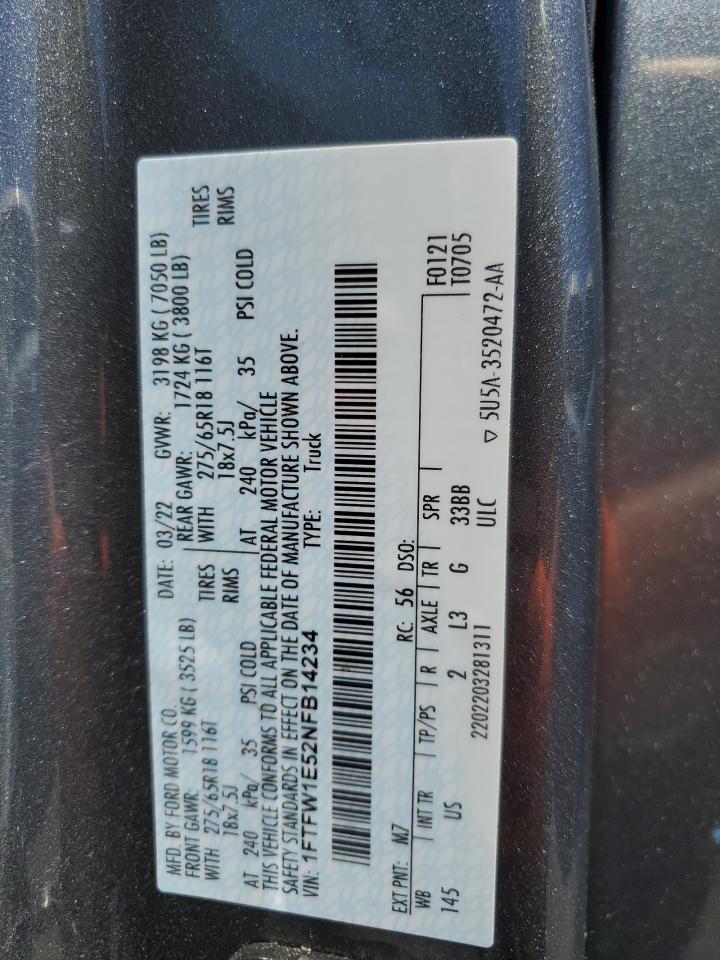 2022 FORD F150 SUPERCREW VIN:1FTFW1E52NFB14234