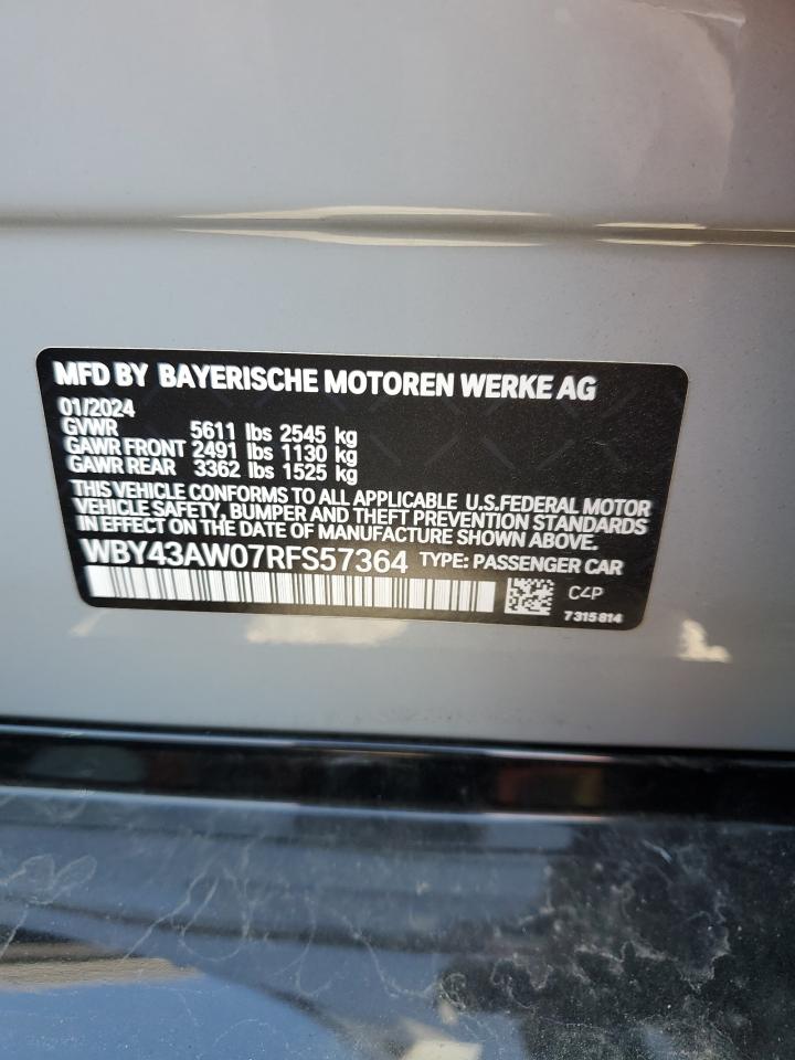 2024 BMW I4 EDRIVE 35 VIN:WBY43AW07RFS57364