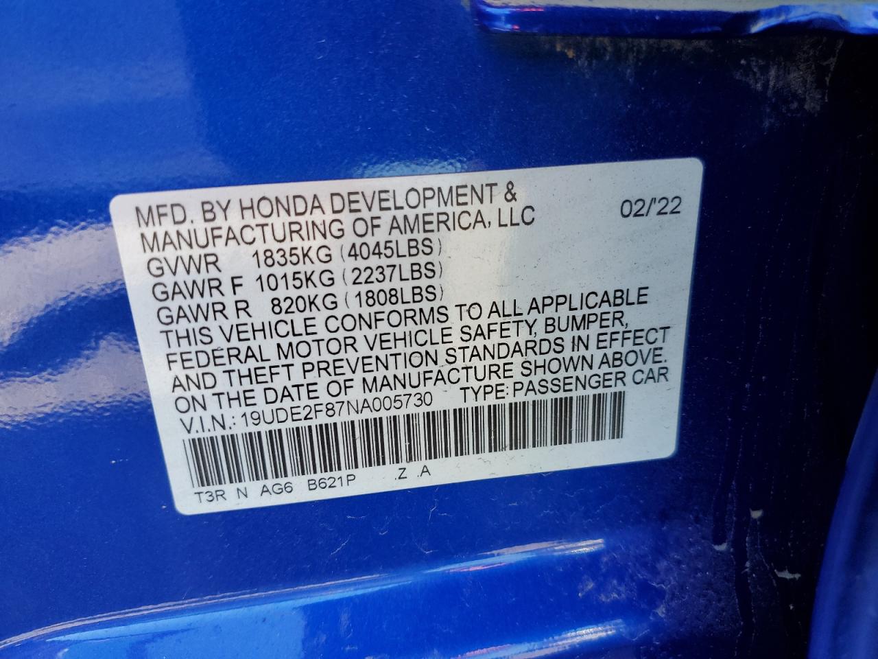 2022 ACURA ILX PREMIUM A-SPEC VIN:19UDE2F87NA005730