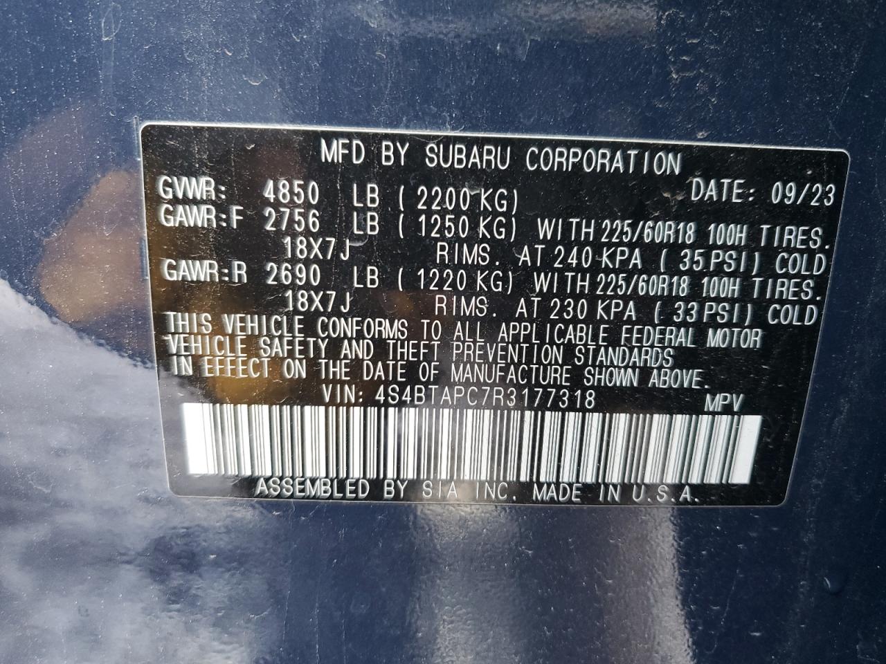 2024 SUBARU OUTBACK TOURING VIN:4S4BTAPC7R3177318