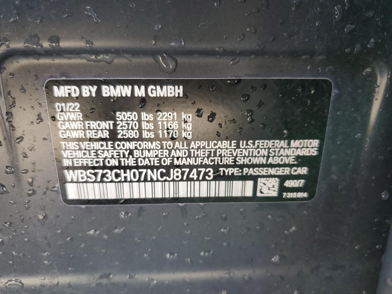 2022 BMW M5 CS VIN:WBS73CH07NCJ87473