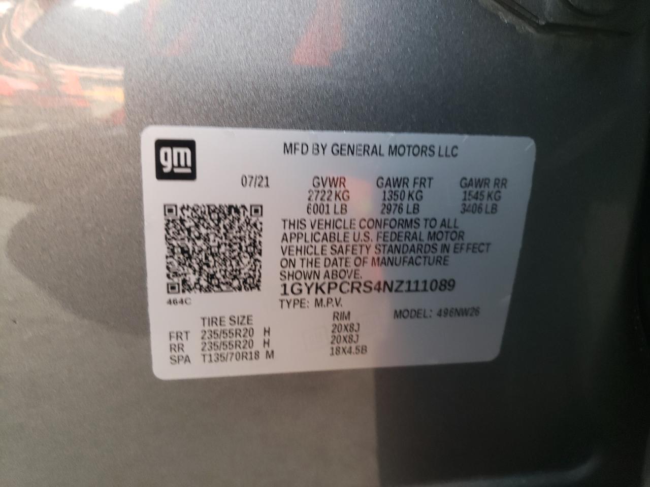 2022 CADILLAC XT6 PREMIUM LUXURY VIN:1GYKPCRS4NZ111089