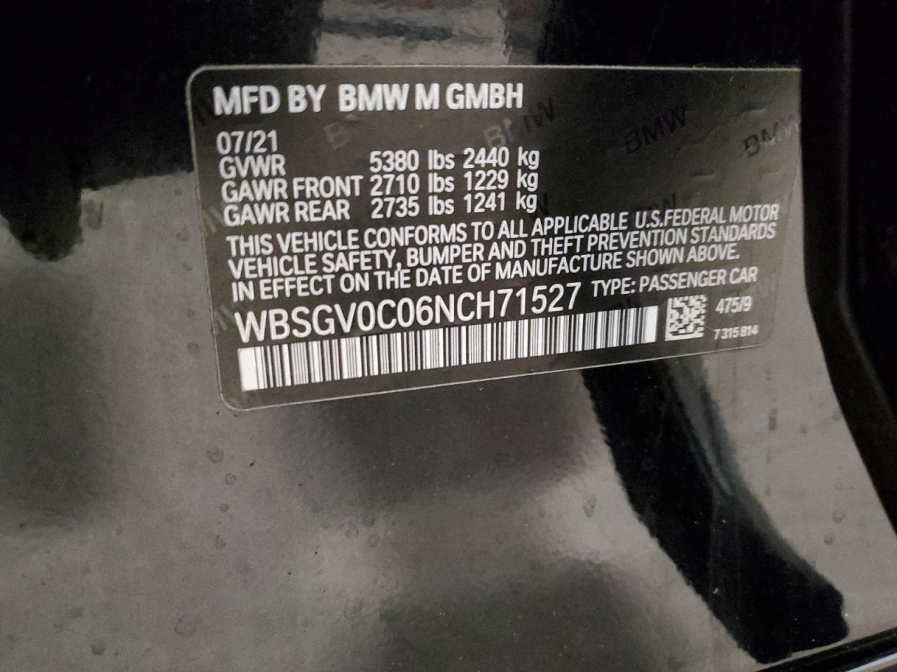 2022 BMW M8 VIN:WBSGV0C06NCH71527