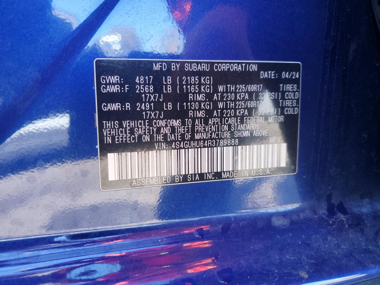 2024 SUBARU CROSSTREK WILDERNESS VIN:4S4GUHU64R3789888