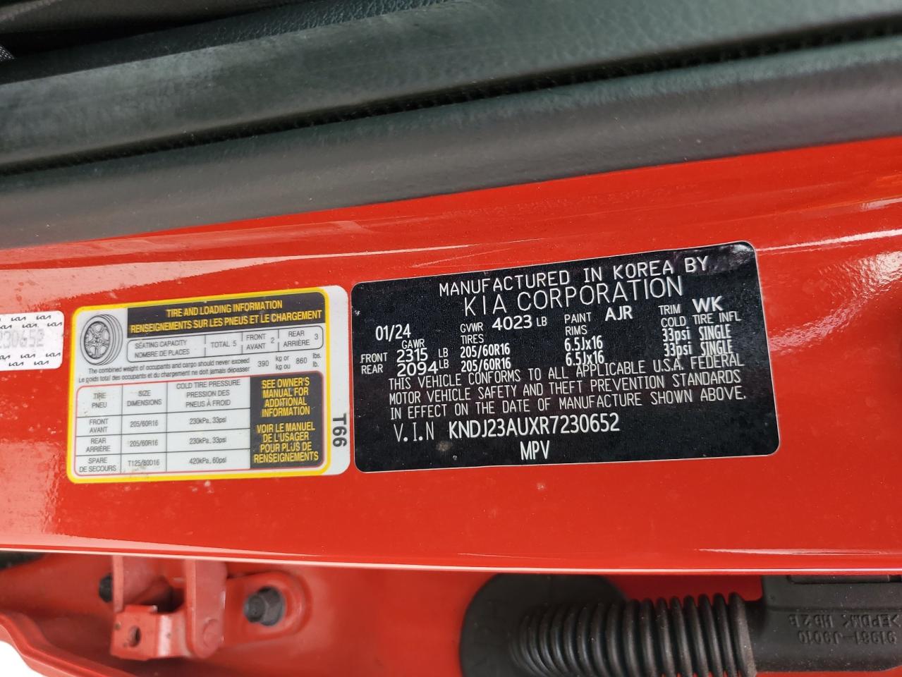 2024 KIA SOUL LX VIN:KNDJ23AUXR7230652