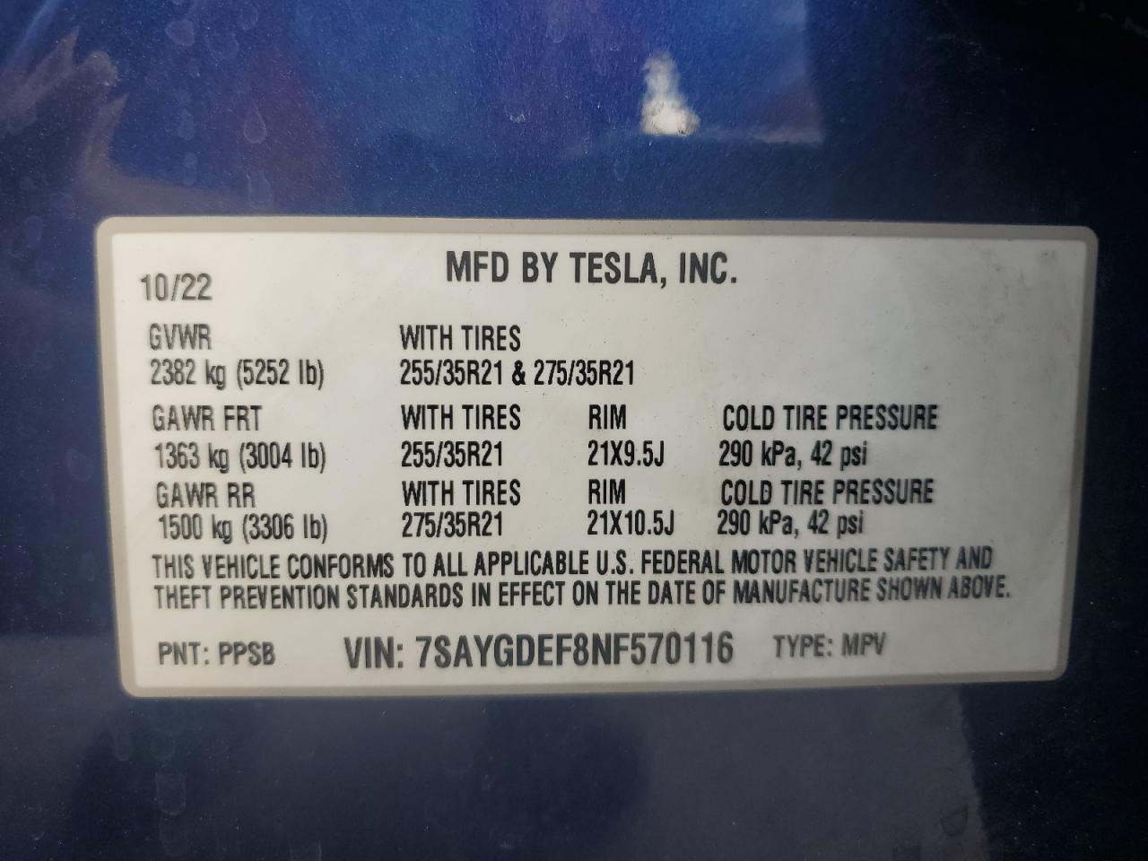 2022 TESLA MODEL Y VIN:7SAYGDEF8NF570116