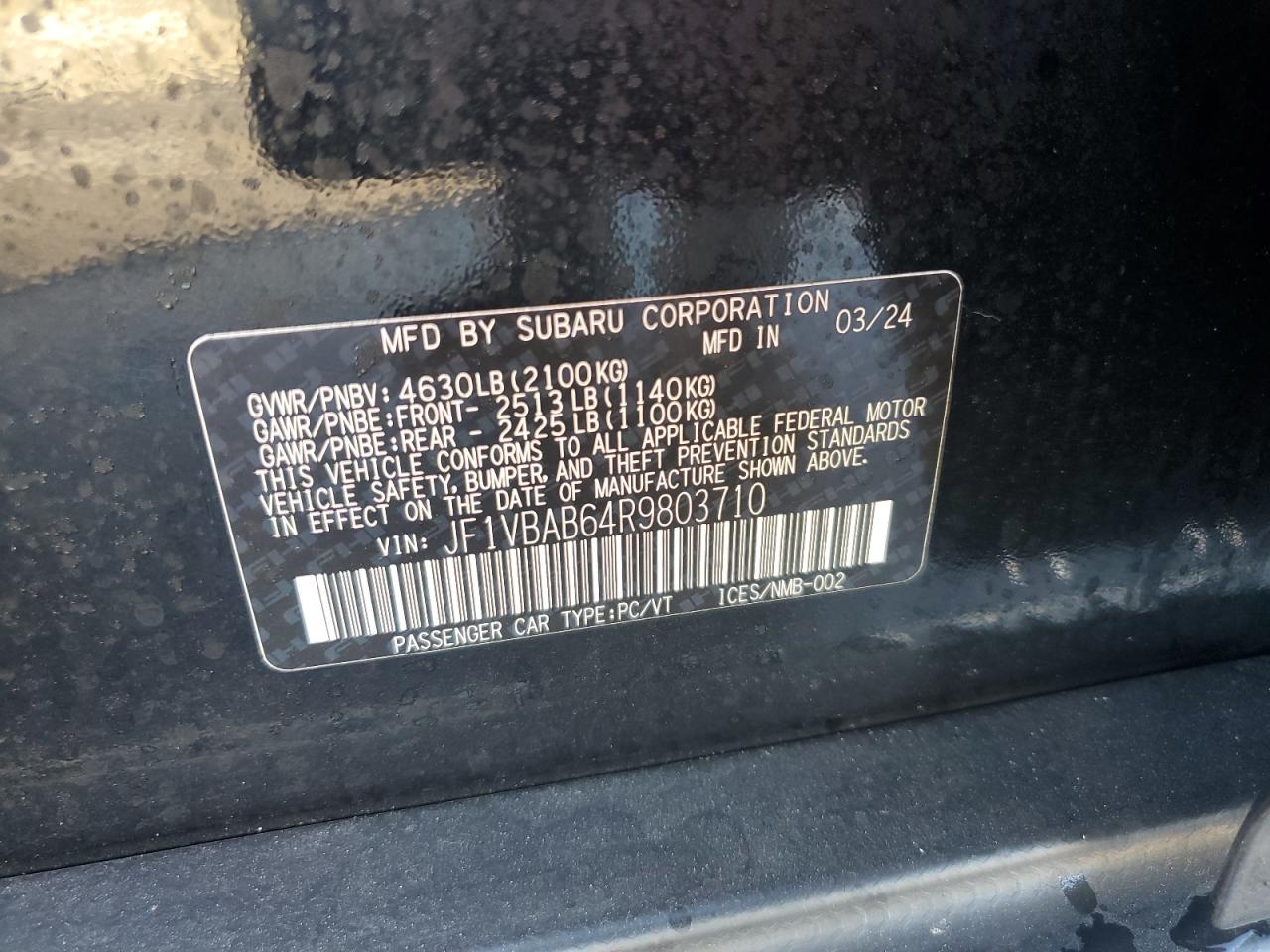 2024 SUBARU WRX VIN:JF1VBAB64R9803710