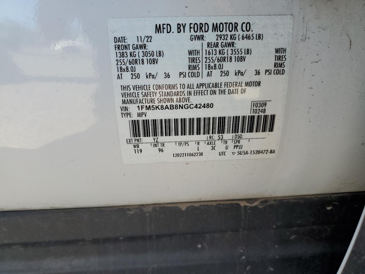 2022 FORD EXPLORER POLICE INTERCEPTOR VIN:1FM5K8AB8NGC42480