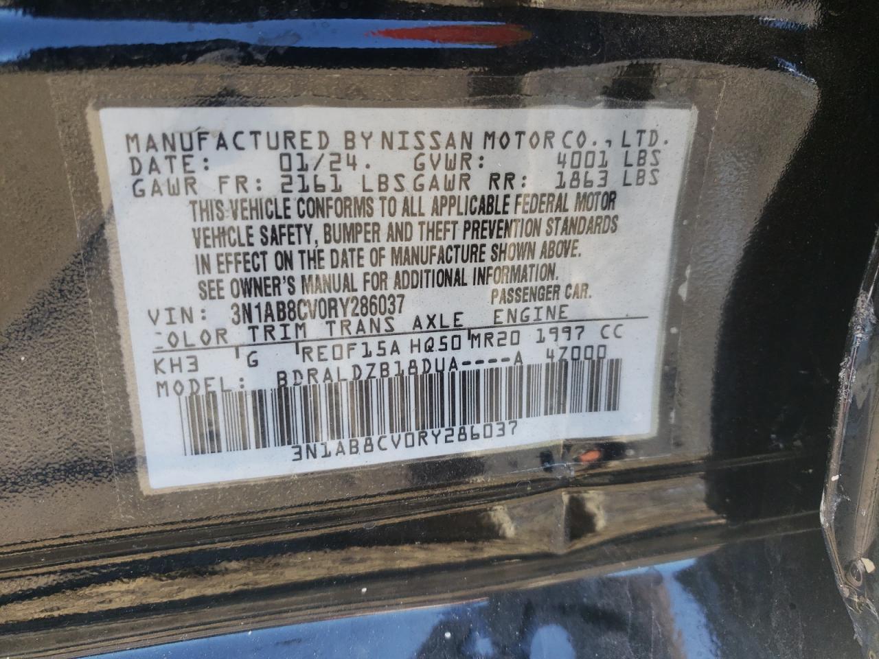 2024 NISSAN SENTRA SV VIN:3N1AB8CV0RY286037