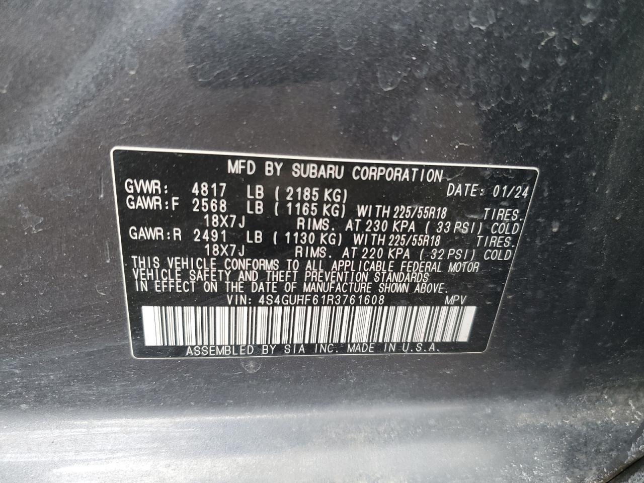 2024 SUBARU CROSSTREK SPORT VIN:4S4GUHF61R3761608