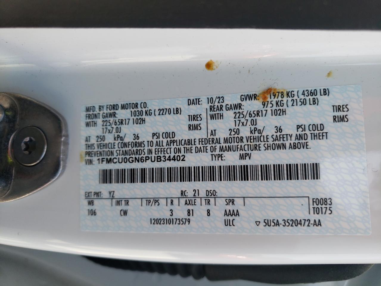 2023 FORD ESCAPE ACTIVE VIN:1FMCU0GN6PUB34402