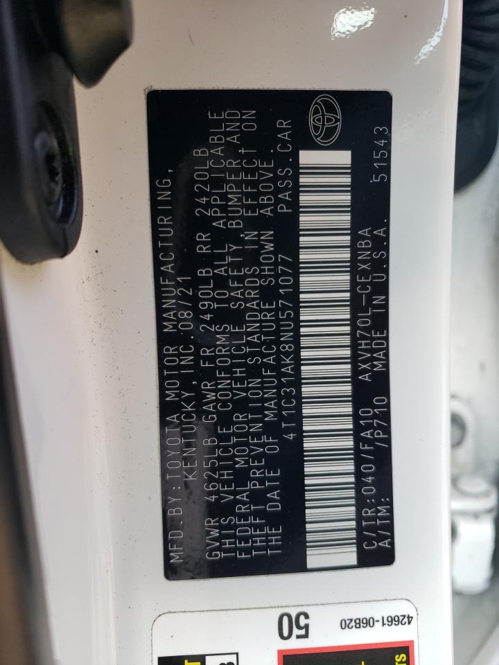 2022 TOYOTA CAMRY LE VIN:4T1C31AK8NU571077