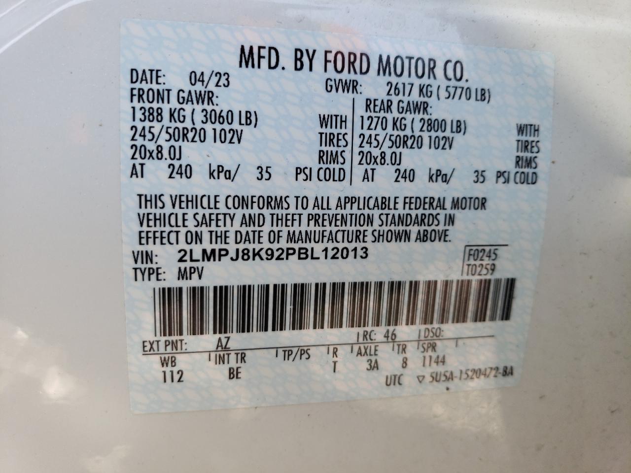 2023 LINCOLN NAUTILUS RESERVE VIN:2LMPJ8K92PBL12013