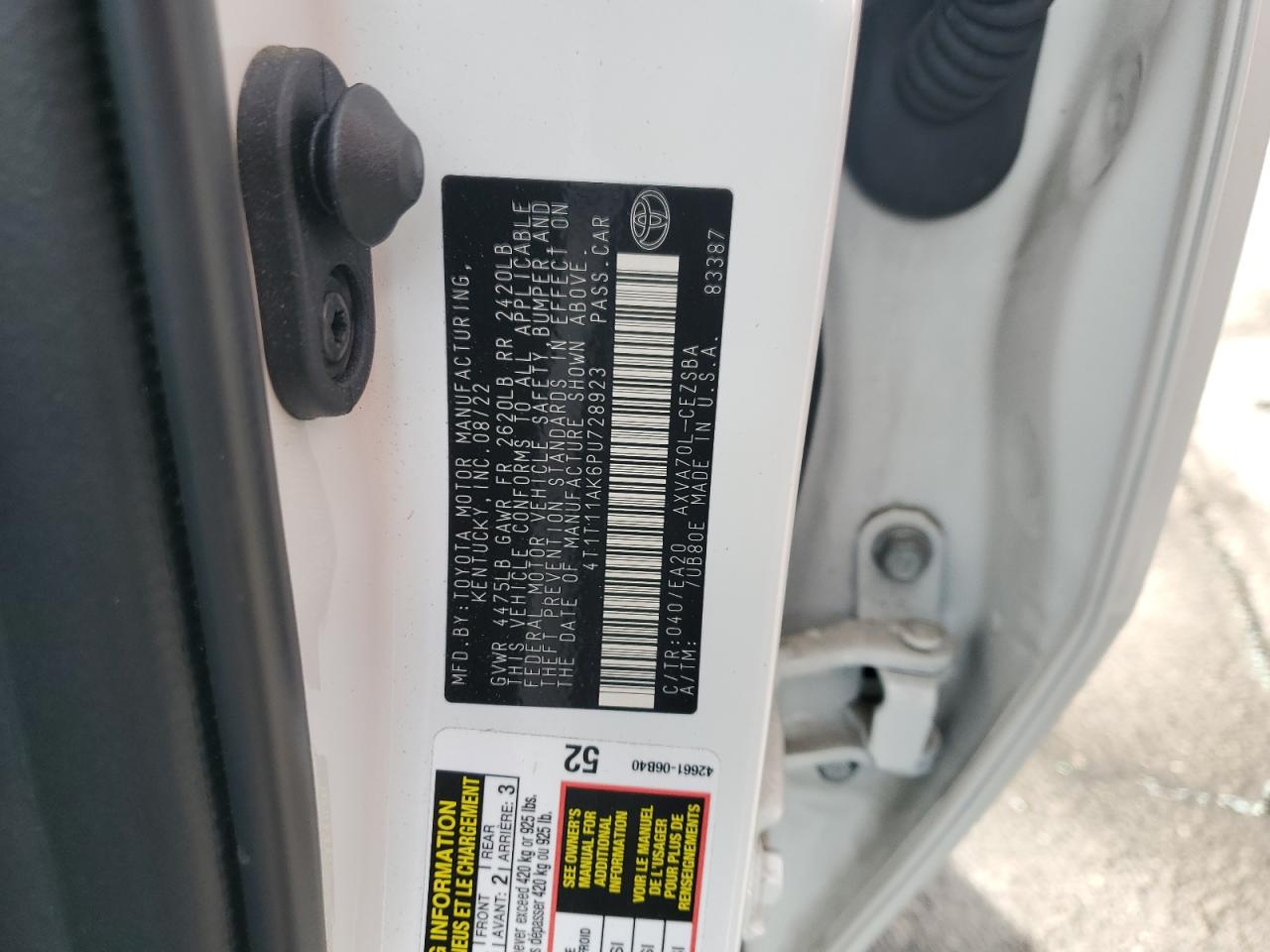 2023 TOYOTA CAMRY SE NIGHT SHADE VIN:4T1T11AK6PU728923