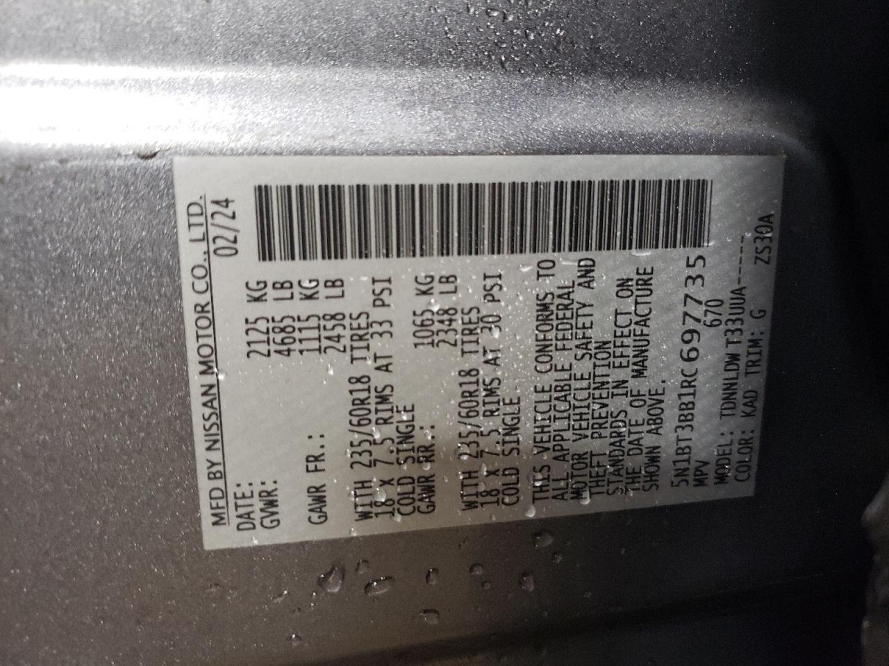 2024 NISSAN ROGUE SV VIN:5N1BT3BB1RC697735