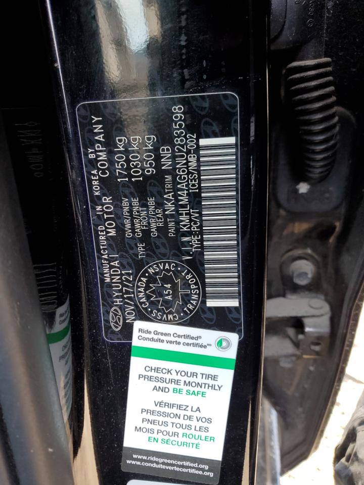 2022 HYUNDAI ELANTRA SEL VIN:KMHLM4AG6NU283598