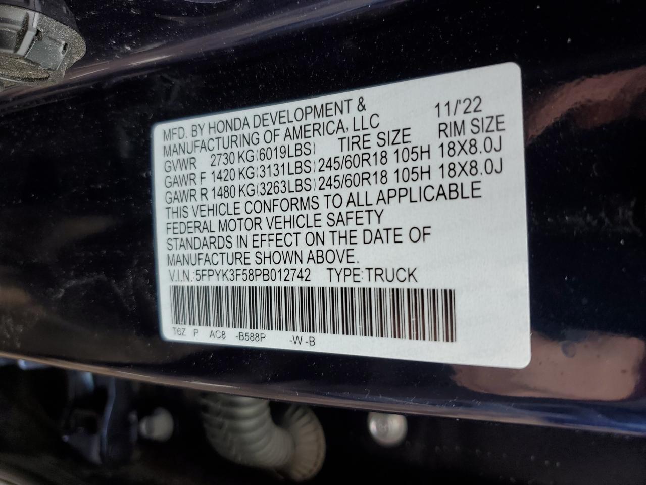 2023 HONDA RIDGELINE RTL VIN:5FPYK3F58PB012742