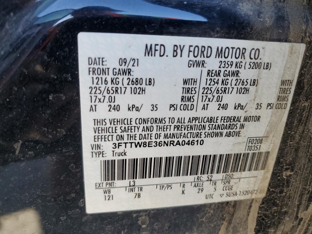 2022 FORD MAVERICK XL VIN:3FTTW8E36NRA04610