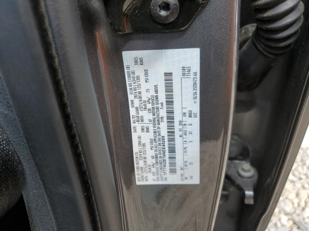 2022 FORD F250 SUPER DUTY VIN:1FT7W2BT6NEE45269