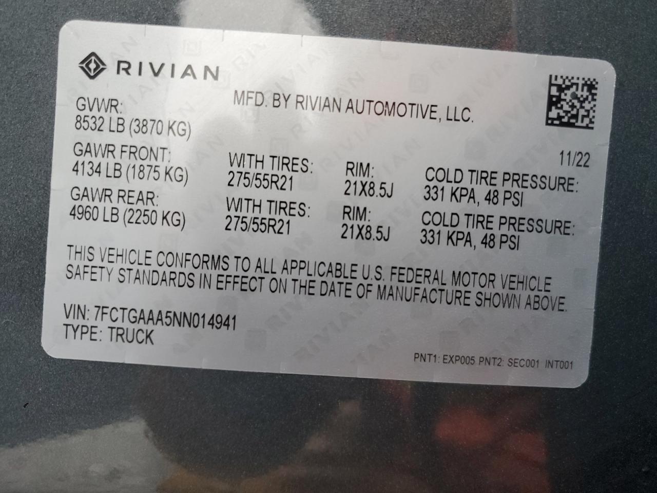 2022 RIVIAN R1T ADVENTURE VIN:7FCTGAAA5NN014941