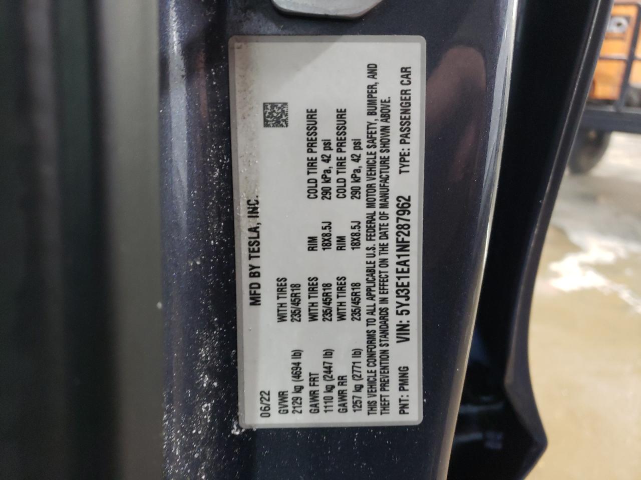 2022 TESLA MODEL 3 VIN:5YJ3E1EA1NF287962