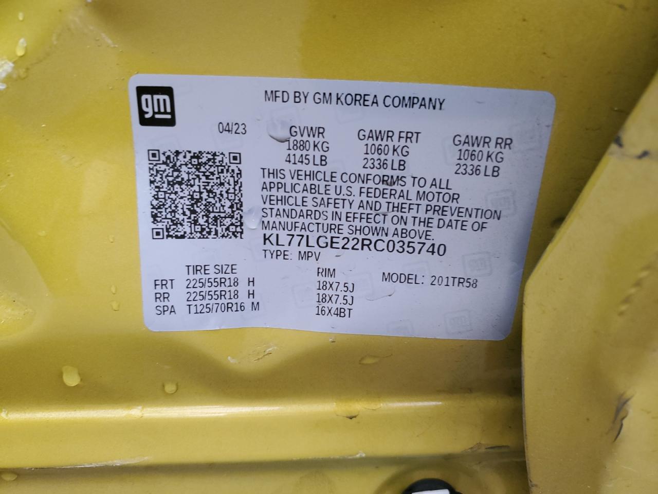 2024 CHEVROLET TRAX 1RS VIN:KL77LGE22RC035740