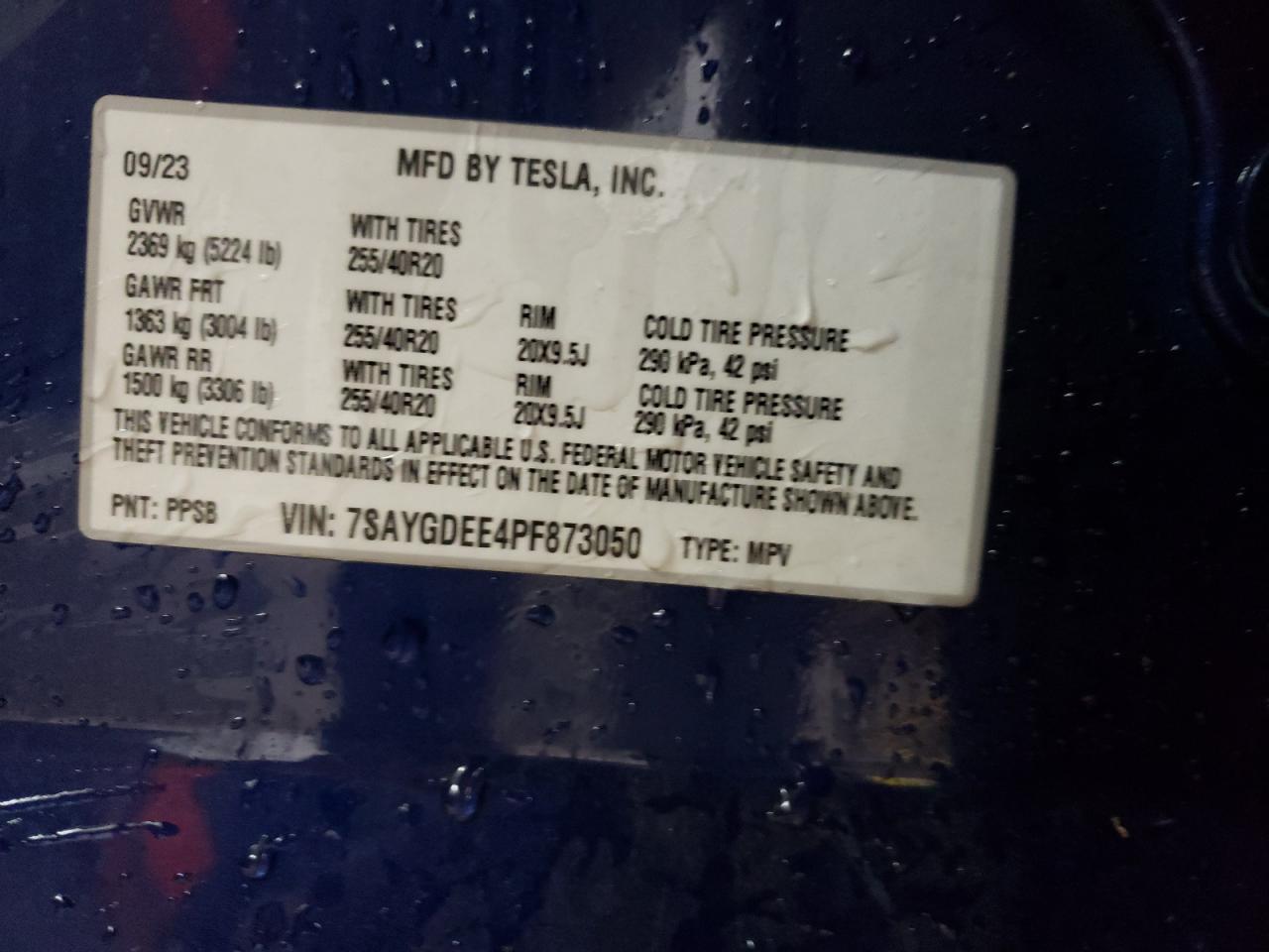 2023 TESLA MODEL Y VIN:7SAYGDEE4PF873050
