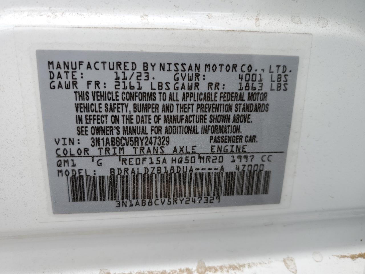 2024 NISSAN SENTRA SV VIN:3N1AB8CV5RY247329