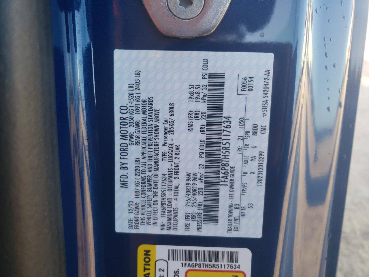 2024 FORD MUSTANG VIN:1FA6P8TH5R5117634