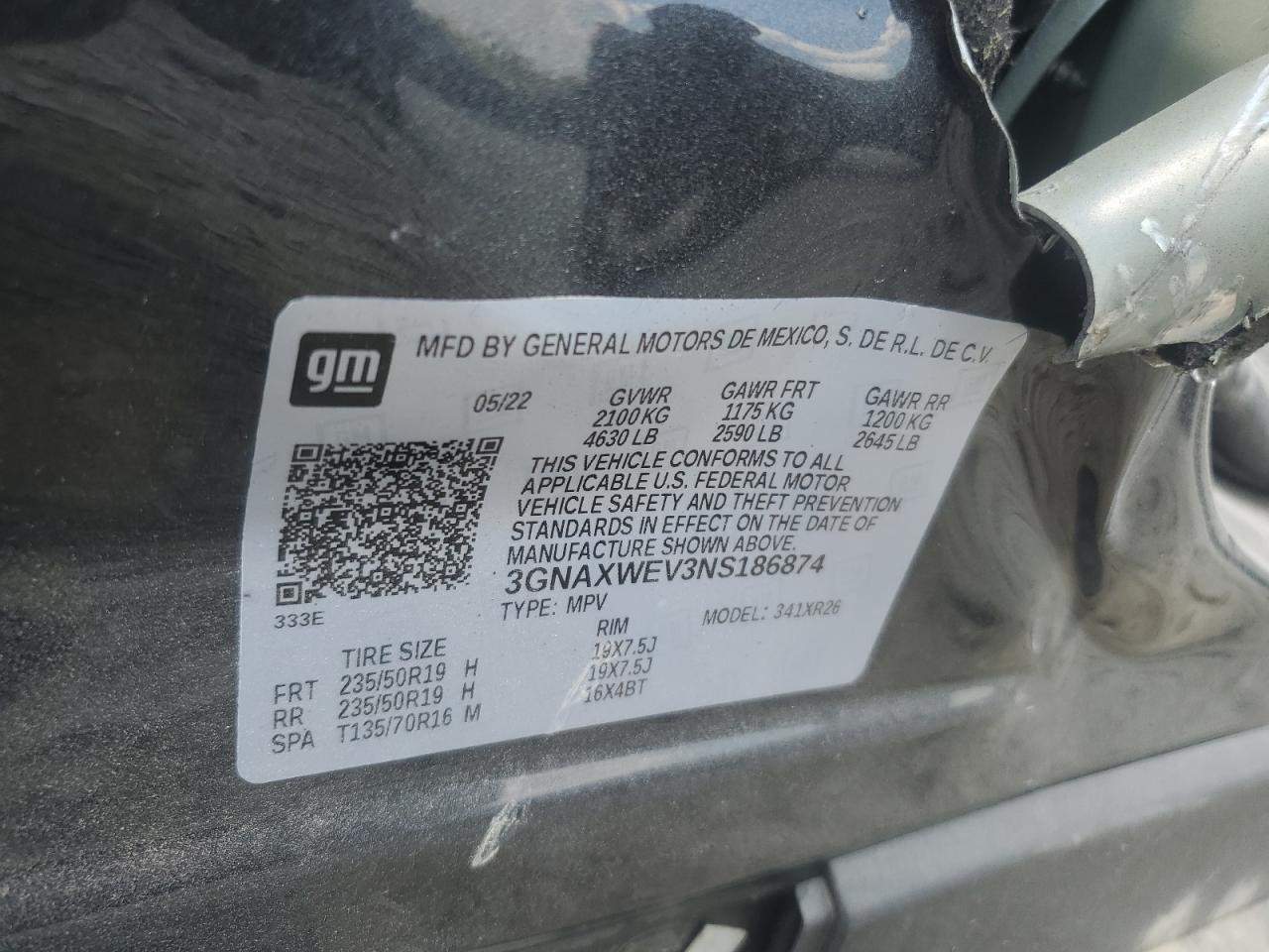 2022 CHEVROLET EQUINOX RS VIN:3GNAXWEV3NS186874